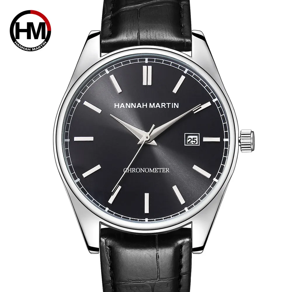 

Hannah Martin Unique Design Men Wristwatch Date Waterproof Japan Movement Crocodile Leather Quartz Watch Men Clock montre homme