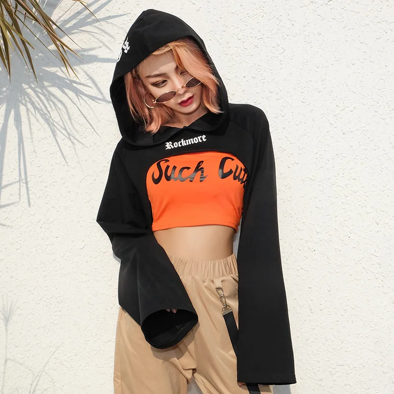 

JSMY New Women Gothic Print Loose Long Sleeve Hooded Sweatshirt Expose Navel Short Casual Pullover Hooded Top