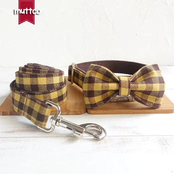

MUTTCO laser engraved bow tie pet collar leash THE BROWN YELLOW PLAID anti-lost security training 5 sizes UDC067