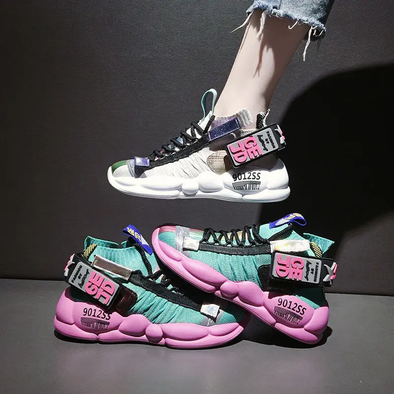 

Elastic Socks Shoes Casual Knitting Breathable Sports Shoe Thick Sole Sneakers Lace up 2019 European New Style