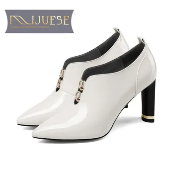 

MLJUESE 2018 women pumps autumn spring cow leather pointed toe crystal black color slip on high heels lady shoes office shoes