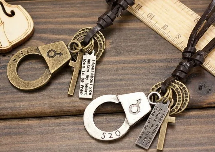 12pcs/Lot Women Trendy Alloy Necklaces Popular Handcuff Cross Pendant Leather Rope Necklace Long Link Chain Bronze | Украшения и