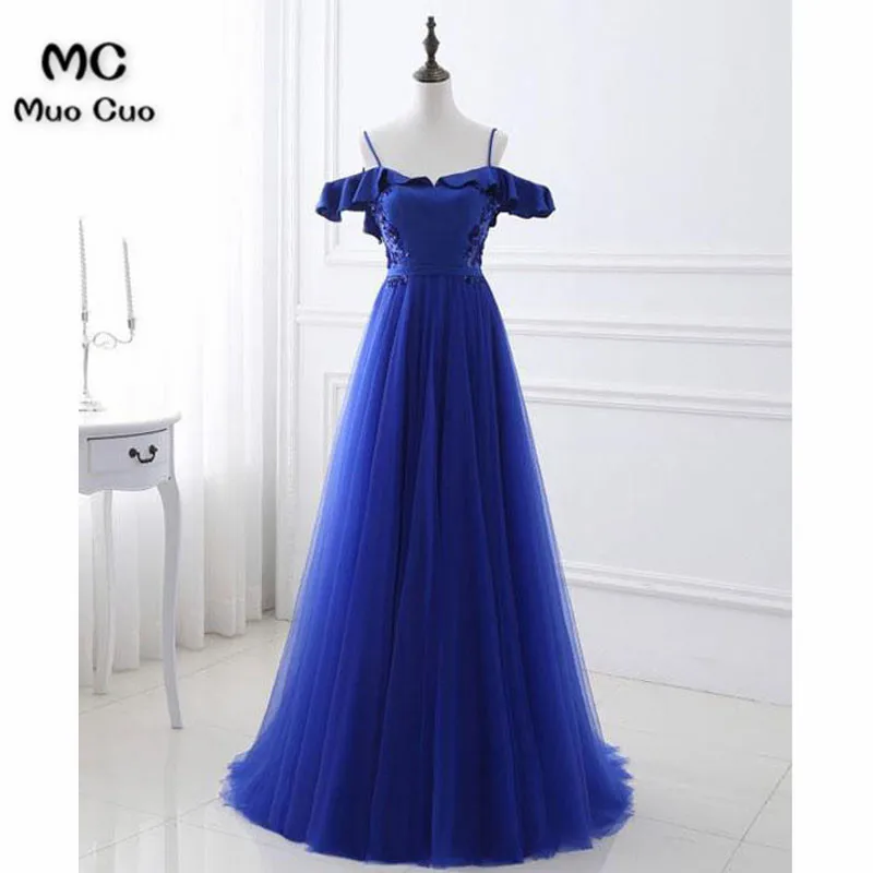 Elegant A-Line Off-The-Shoulder Royal Blue Long Prom Evening Dress With Appliques