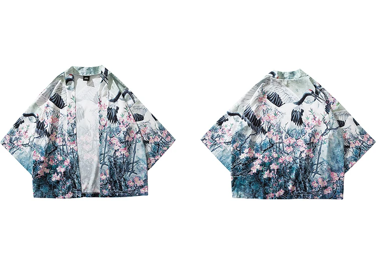 Харадзюку кимоно куртка японский хип-хоп Мужская уличная куртка кран цветочный принт китайская краска летняя тонкая одежда японский стиль