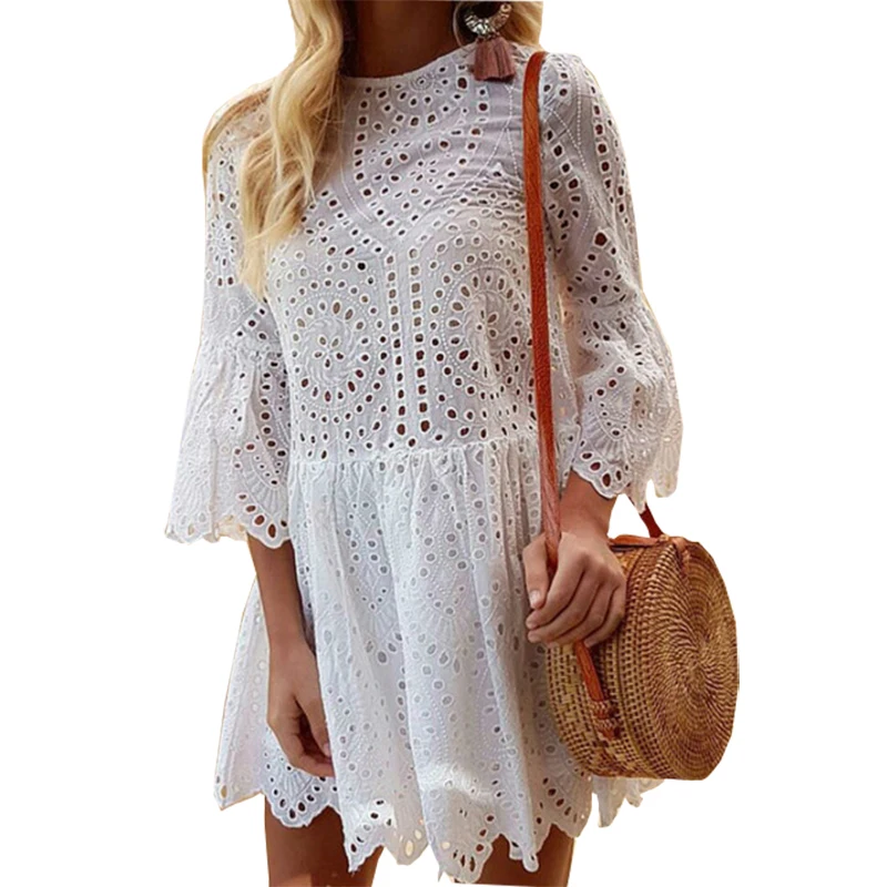 

Ruffles Lace Hollow Out Summer Sundress Kawaii Girls A-Line Mini Dresses Women Casual O-neck Flare Sleeve Dress Plus Size GV200