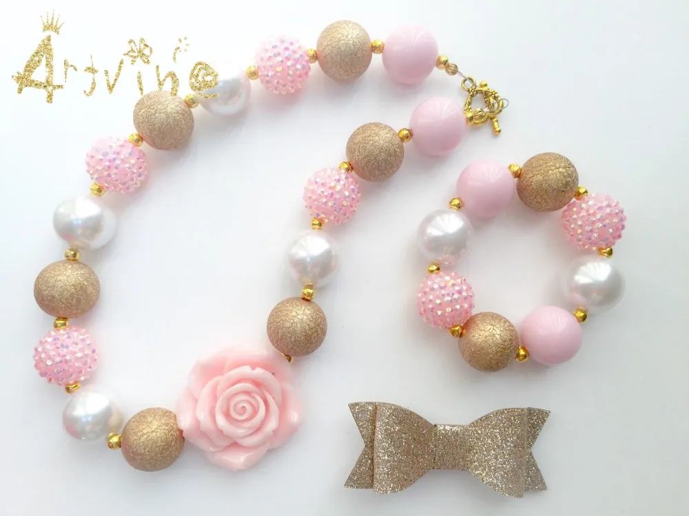 

Gold & Light Pink Rose Baby Necklace, Girls Bubblegum Necklace, Pink Gold Toddler Necklace, Girls Gold Pink Cake Smash C2