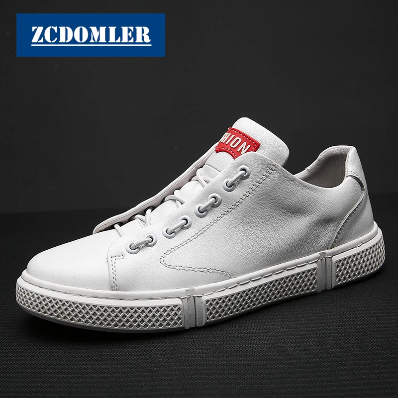 

ZCDOMLER Top Quality Genuine Leather White Mens Sneakers Comfortable Black Casual Shoes Lace Up Male Footwear Leather Shoes