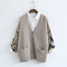 502-0043 Повседневный осенний женский однотонный кардиган с v-образным вырезом и длинными рукавами свитер изображением птицы однобортный жакет