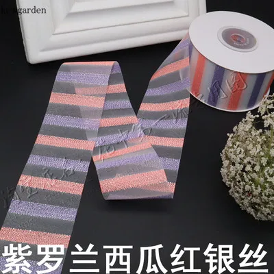 Kewgarden Wholesale Rainbow Stripe Lace Snow Gauze Ribbons 38mm 1.5" Gold Sliver Line Handmade Tape DIY Bowknot Accessories 25Y - Цвет: Violet Watermelon Re