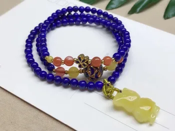 

4.5mm Genuine Natural Lapis Gemstone 3 laps Bracelet with Pendant For Woman Female Gift Crystal Stretch Gift Bracelets AAAAA