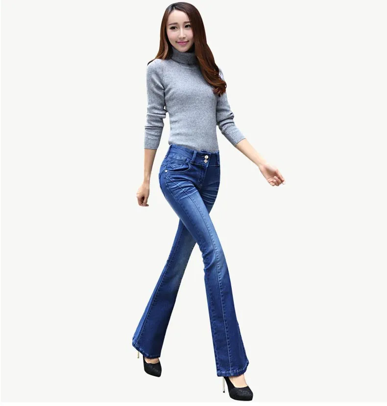 Новое поступление женский Демисезонный женские брюки клёш тонкие длинные джинсы для Для женщин колокол джинсовые брюки синий/черный/белый W036