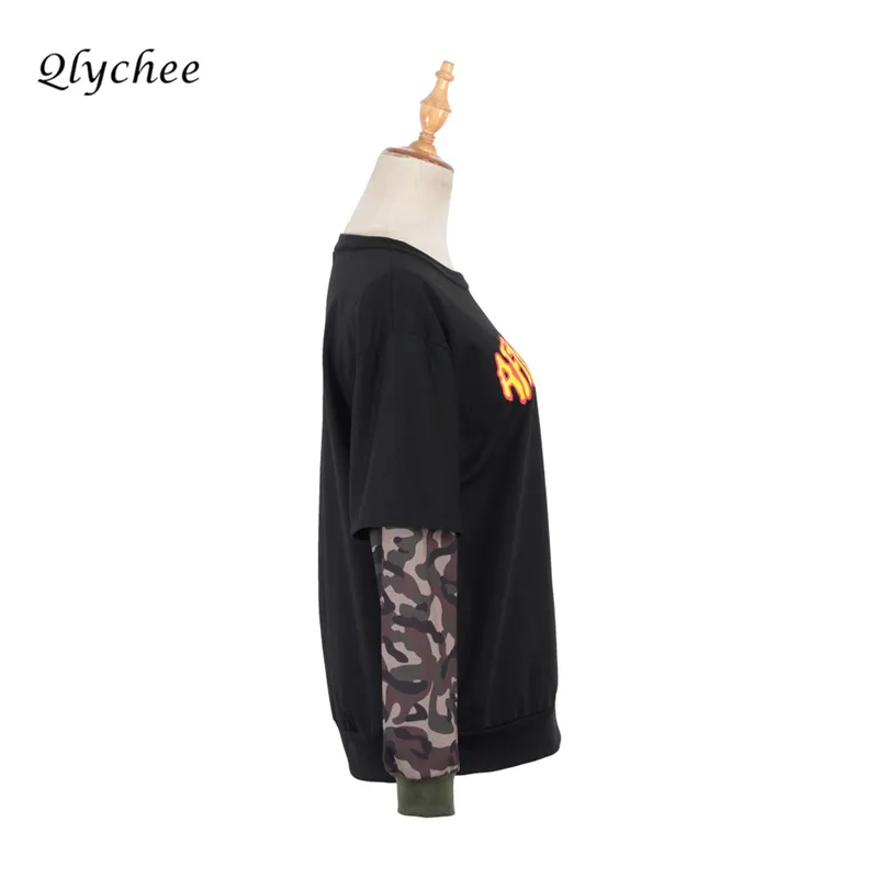 Qlychee Camouflage Patchwork Long Sleeve Women Sweatshirt Casual Streetwear Letter Print Punk Style Hoodies Female Sweatshirts Hoodies