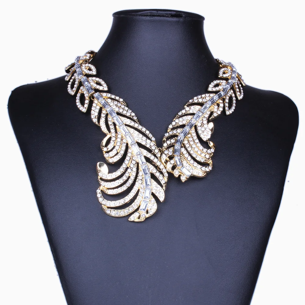 

Statement Necklace 2018 Luxury Torques Big Vintage Necklace Women Feather Wing Crystal Necklace Nickel Free Jewelry