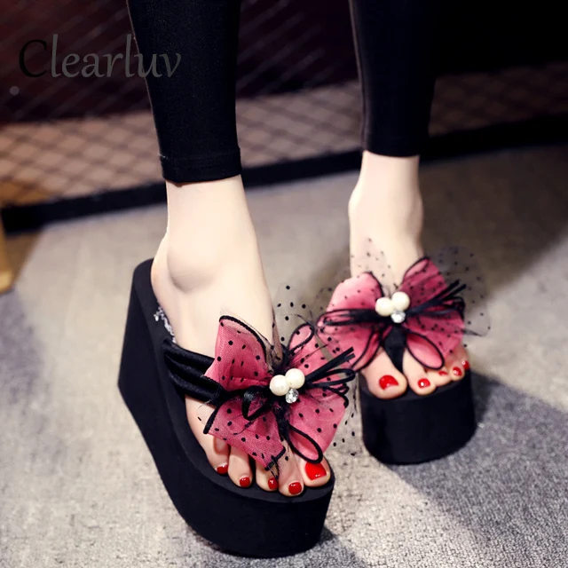 

2019 new fashion high-heeled slippers 8CM11CM bow mesh thick bottom non-slip EVA flip-flops beach sandals women's shoes 6 colors