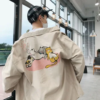 

2018 Japanese Style Hip-hop Original Coats Men's Cartoon Cat Printing Long Sleeve Shirt French Cuff Brand Fashion Shirts M-2XL