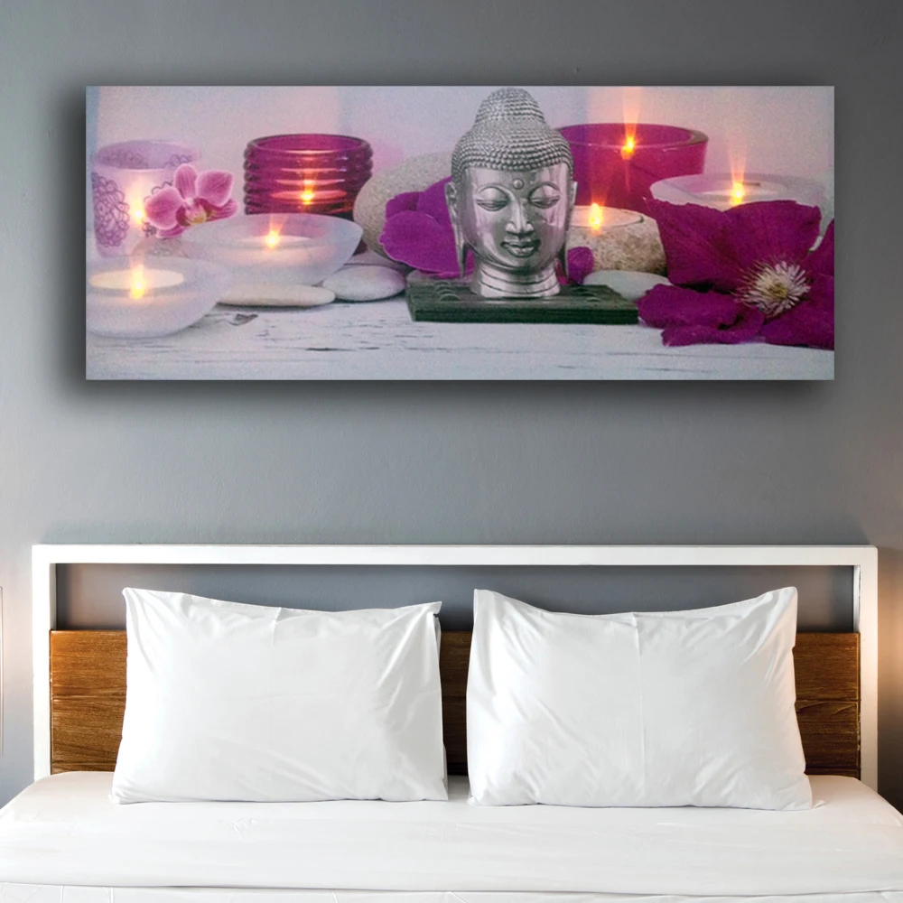 

Led wall picture buddha with flowers zen candles illuminated canvas art light up HD painting artwork print framed battery open