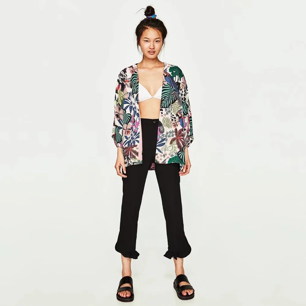Cardigans Women Floral Chiffon Kimono Cardigan Oversized With Fringe Loose Comfortable Chiffon Shawls Flare Sleeve Wraps