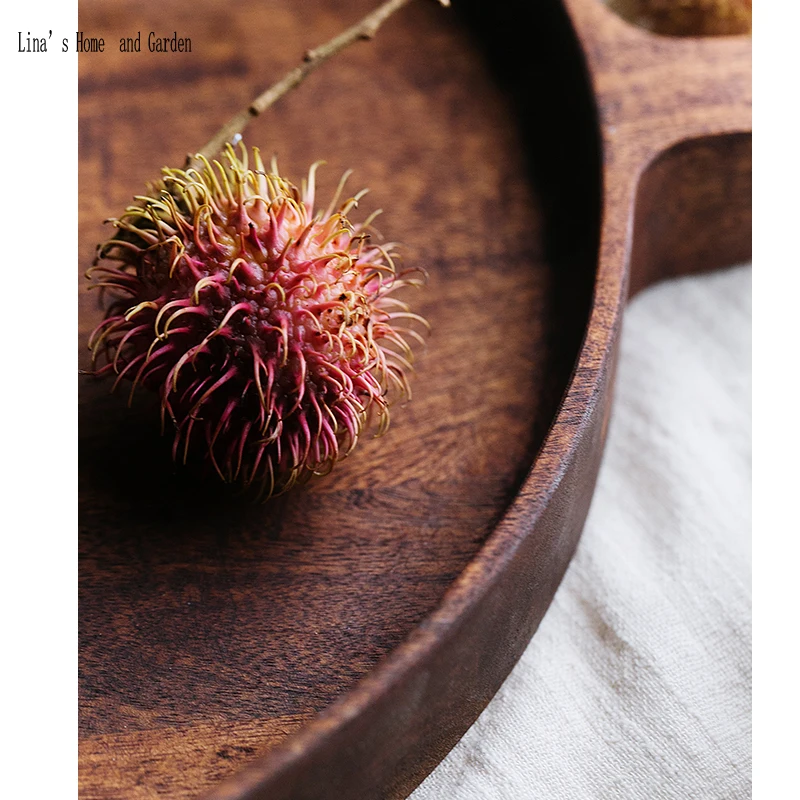 antique solid mango wood round tray with side handle (7)