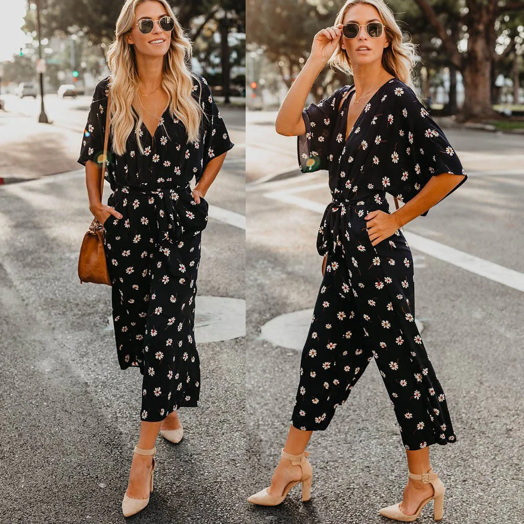 

Ladies Women Floral Print Jumpsuits V Neck Wide Leg Batwing Sleeve Tie Romper Jumpsuit Summer Playsuit combinaison femme 2019