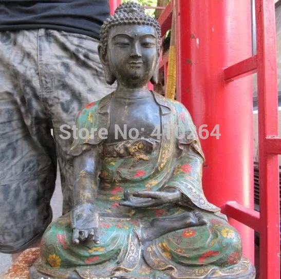 

17" Tibet Folk temple Old Copper Bronze handwork cloisonne Tathagata Buddha Statue