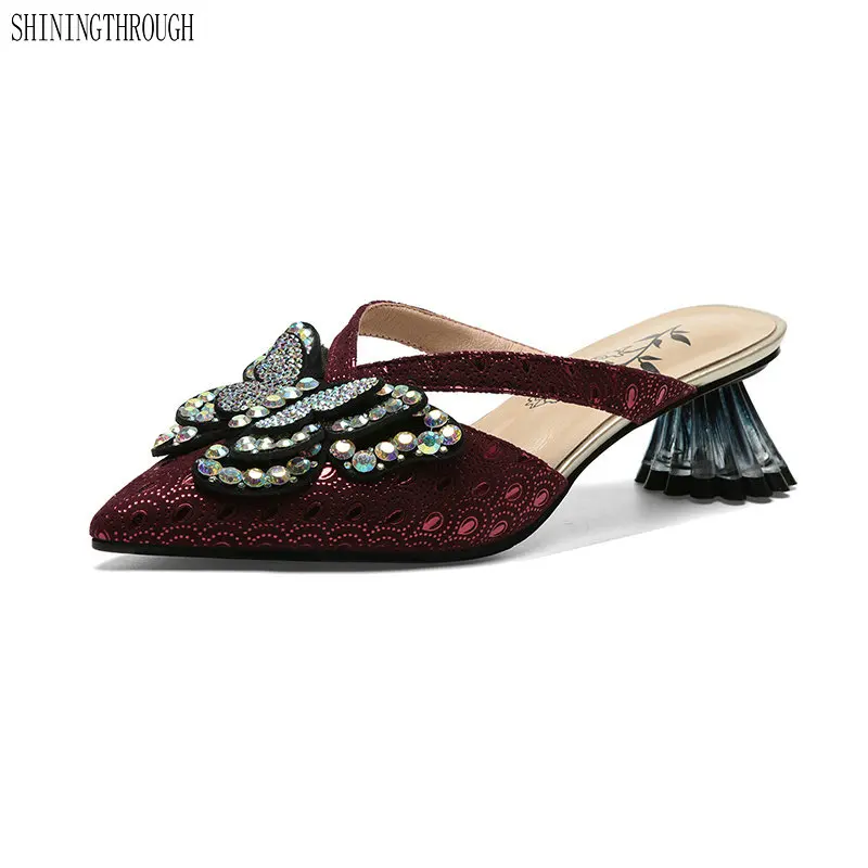 

2019 Summer poined toe Women Slippers Rhinestones Butterfly-knot Sandals strange High Heel Fashion Ladies Slides Party Wear