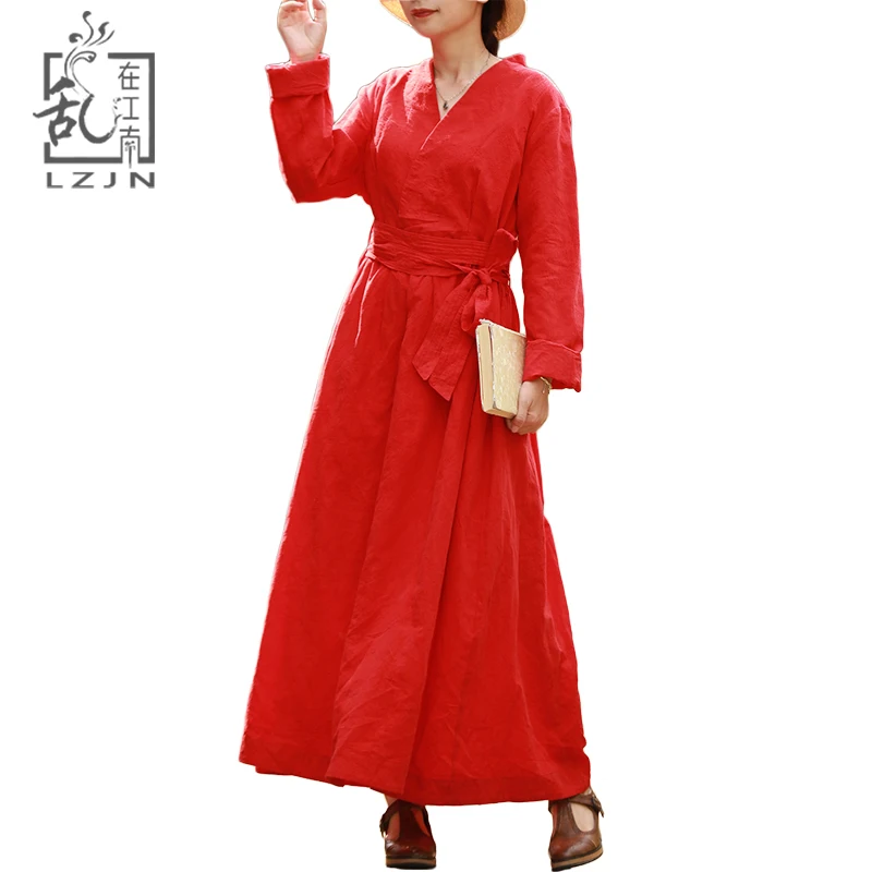 

LZJN Jacquard Red Dress Long Sleeve 2019 Autumn Wrap Front Maxi Tunic Dress for Women V-Neck High Waist with Belt Vintage Robe