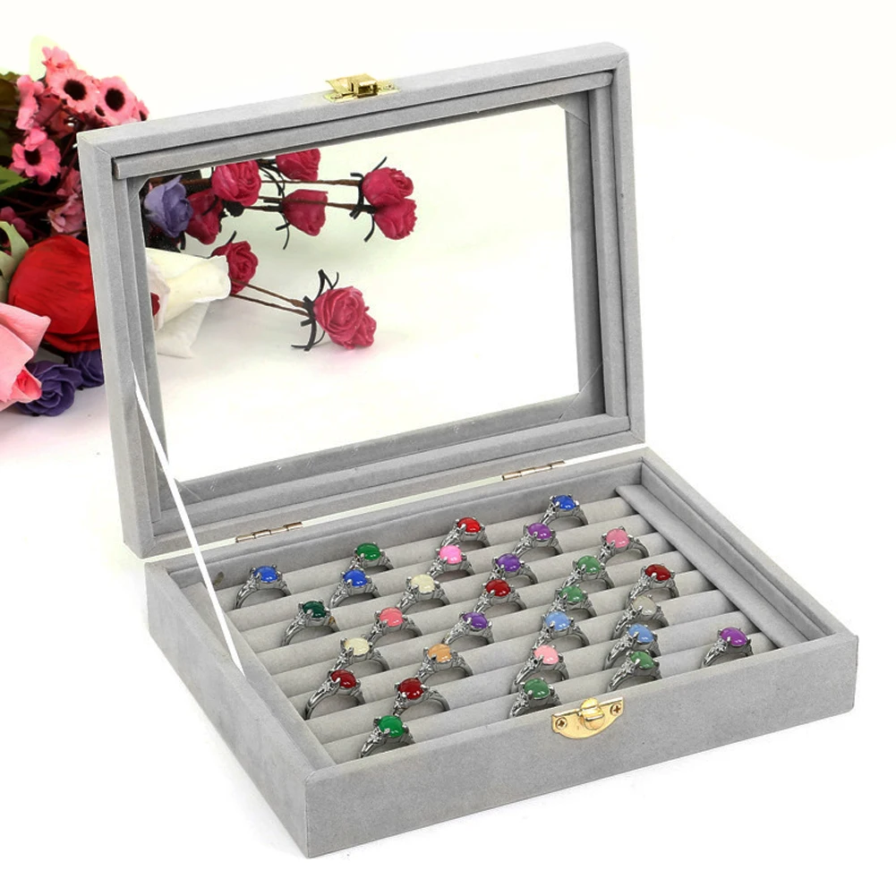 2018 Gray Velvet Glass Jewelry Box Rings Necklaces Storage Display Box