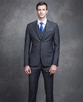 

2017 Best Men Grey Peaked Lapel Groom Tuxedos Two Buttons Single Breasted Terno Masculino Vestidos (Jacket+Pants+Vest)