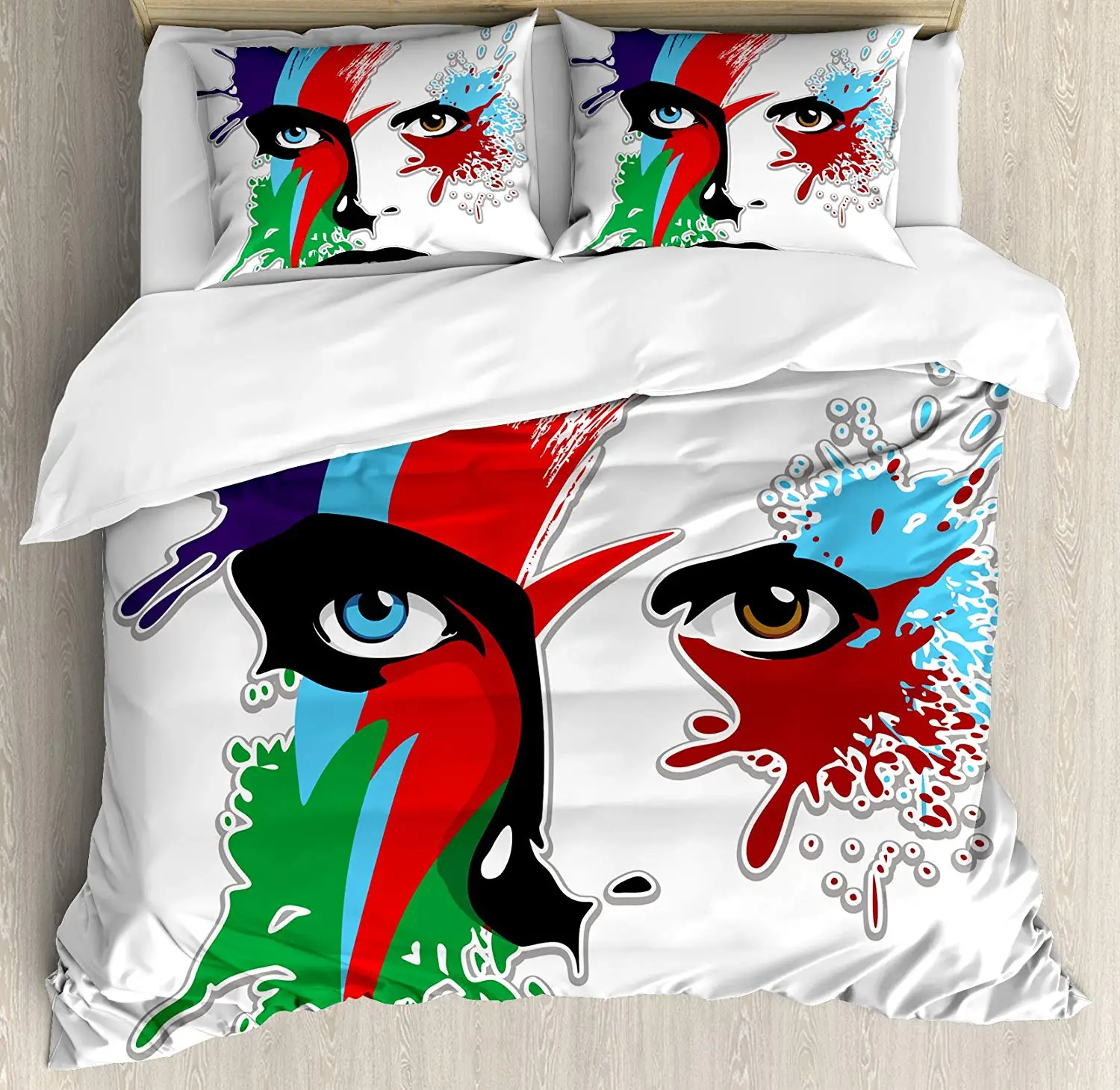 

David Bowie Decor Queen Size Duvet Cover Bowie's Eyes Ziggy Stardust Expression Inspired Artwork Colorful Splashes Bedding Set