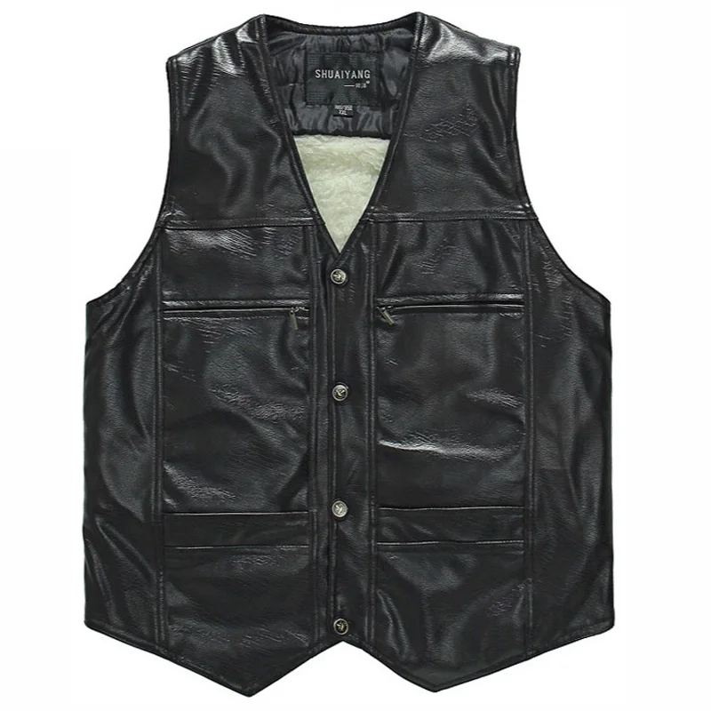 Male PU leather thickening wool liner vests Men winter windproof