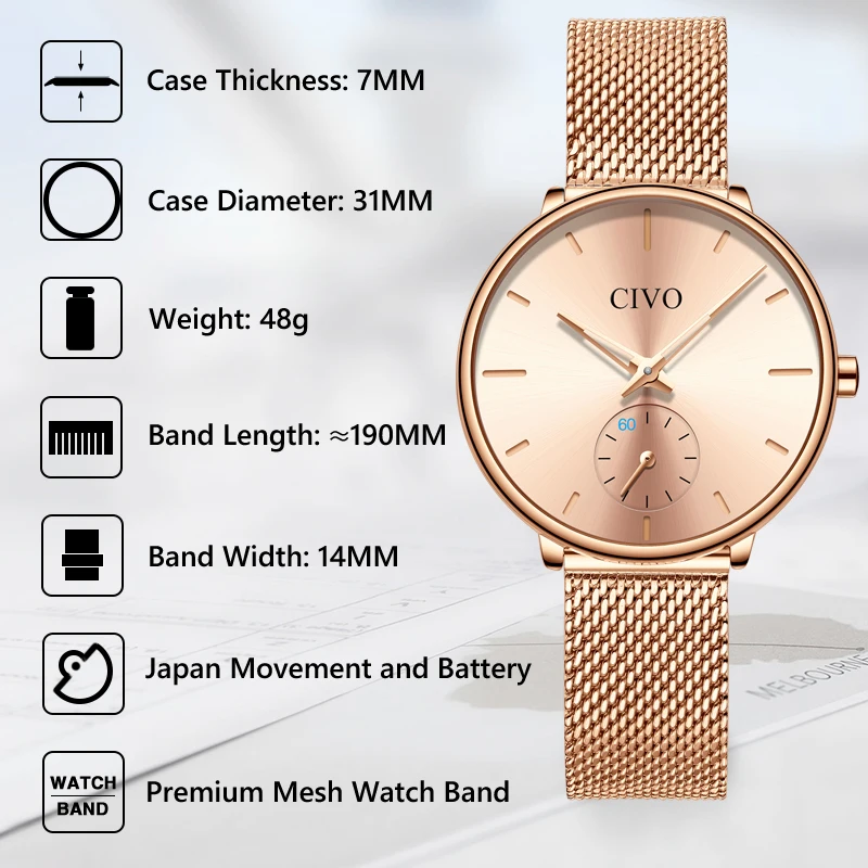 Najtaniej CIVO Luxury Casual Ladies Watch wodoodporna stal z różowego złota Mesh zegarek kwarcowy kobiety moda sukienka zegarki zegar Relogio Feminino