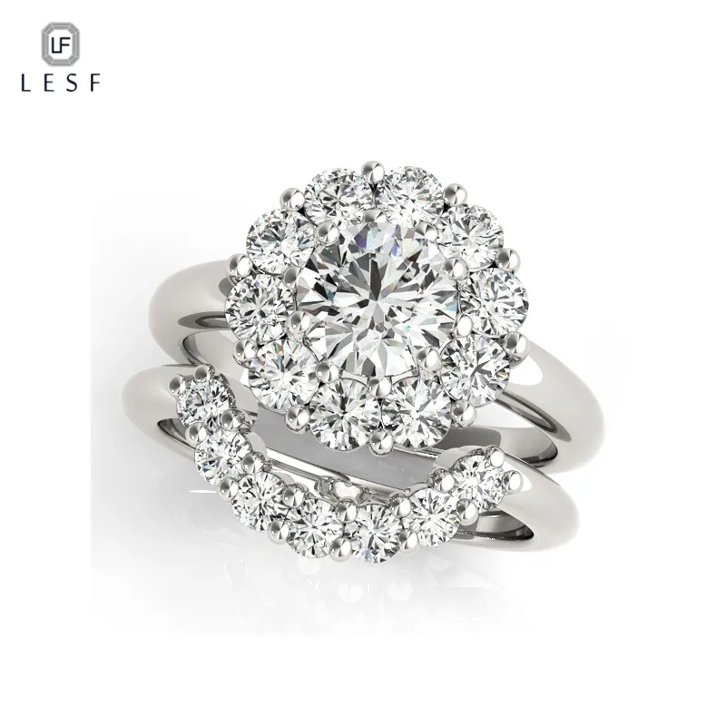 

LESF Unique Design Jewelry Flower Women ring Round cut 1ct 5A Zircon Cz 925 Sterling Silver Female wedding Band ring Set