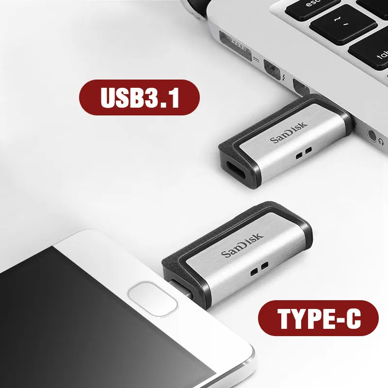 Двойной Флеш-накопитель SanDisk USB 3,1 флеш-накопитель Ultra Dual Drive Тип usb-C объемом памяти 32 Гб или 64 ГБ, 128 ГБ с поддержкой технологии OTG флеш-накопитель до 150 МБ/с. для флэш-накопитель для смартфона