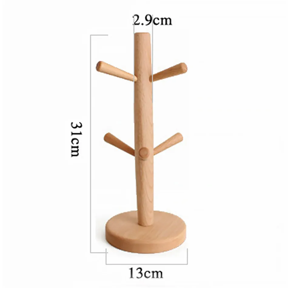 VOGVIGO 6Hooks Wood Cup Holder Rack Kitchen Storage Drain Rack Wine Glass Holder Coffee Mug Storage Rack Drainer Shelf Organizer