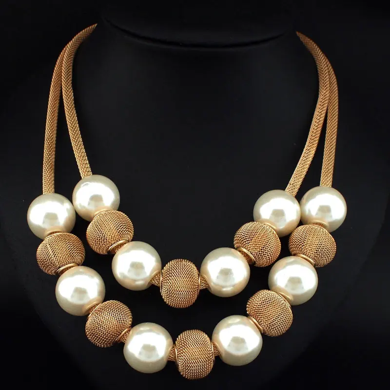 

UKMOC Boho Fashion Popcorn Chain Simulated Pearl Metal Ball Women Chokers Statement Jewelry Accessories Pendants Necklaces #3215