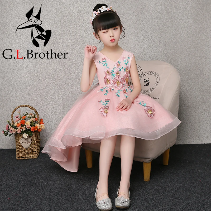 

Short Front Long Back Princess Dress V-neck Embroidery Ball Gown First Communion Gowns Tulle Girl's Summer Floral Dress E264