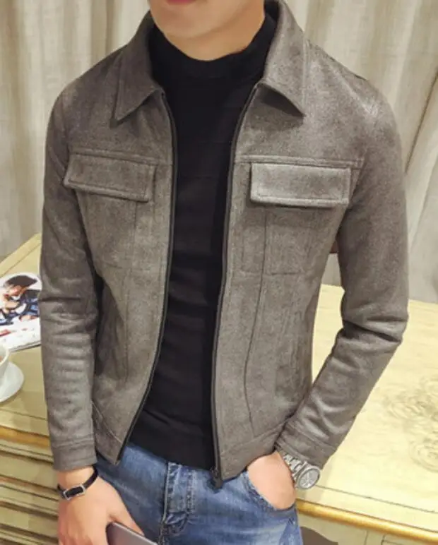 Мужские замшевые лацкане коротким мотоциклетная куртка Slim Fit Топы пальто Верхняя