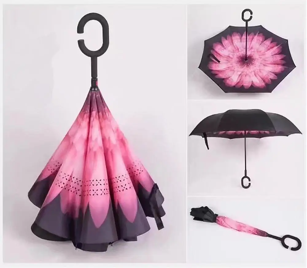 Ветрозащитный обратный складной двойной слой перевернутый зонтик самостоящий зонтик дождь/солнце для женщин/мужчин высокое качество подарок flowe прочный - Цвет: fenjuhua