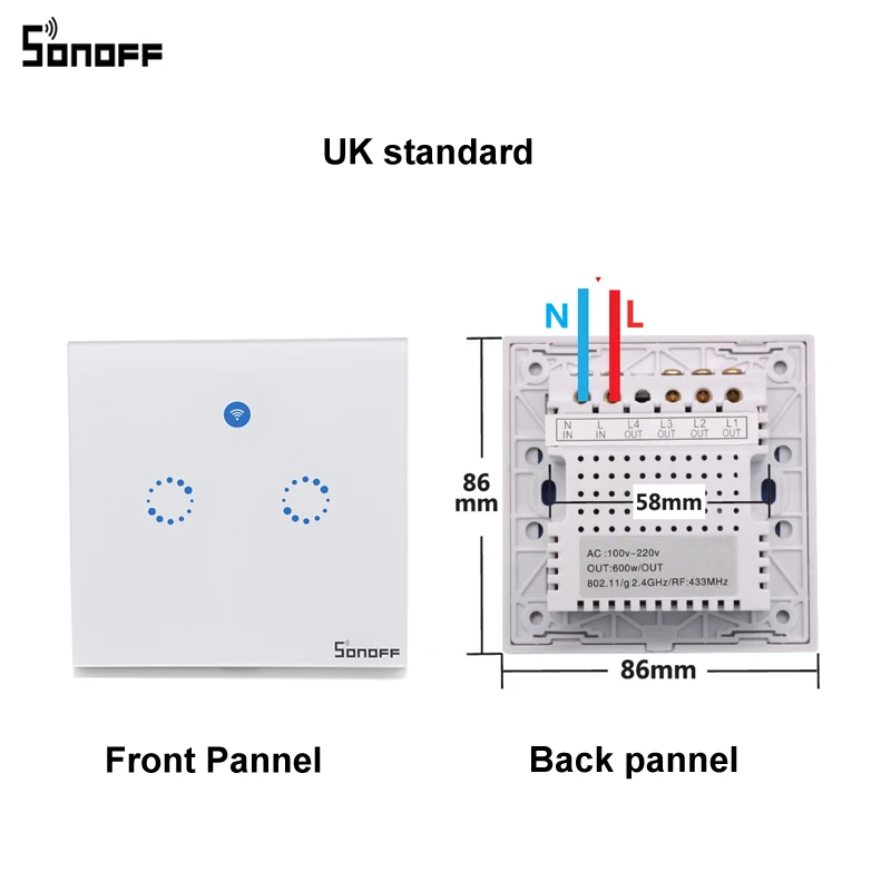 2 шт. sonoff T1 Смарт Wi Fi стену сенсорный выключатель света EU/US/UK 123 Gang touch/WiFi/ rf/App
