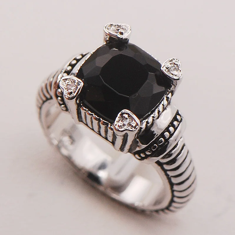 Anillo de Plata de Ley 925 para mujer, ónix negro, F724, talla 6, 7, 8