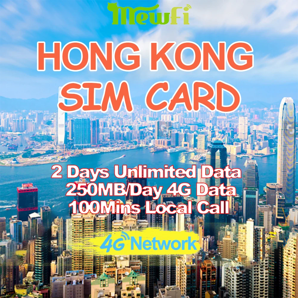 

Mewfi Hong Kong Travel 2 Days Unlimited Data+100Mins Call 250MB/Day 4G Data Three HK Prepaid Sim Card 3in1 Mobile Phone Sim Card