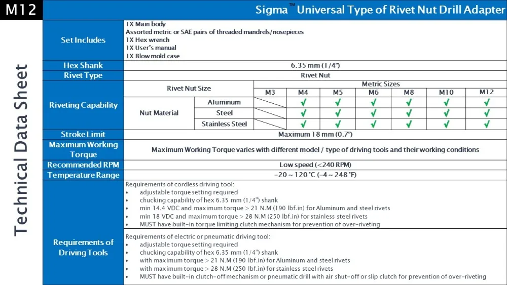 Sigma # M12 тяжелых резьбовых заклепки гайки сверла адаптер беспроводной или электрический Электроинструмент альтернативных воздуха заклепки