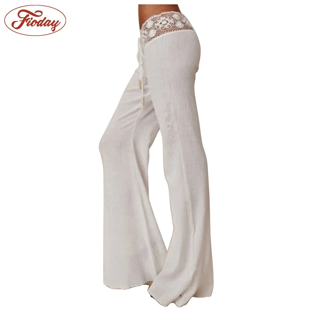 Fashion Lace Patchwork Loose Women Pants Long Straight Pants Trousers