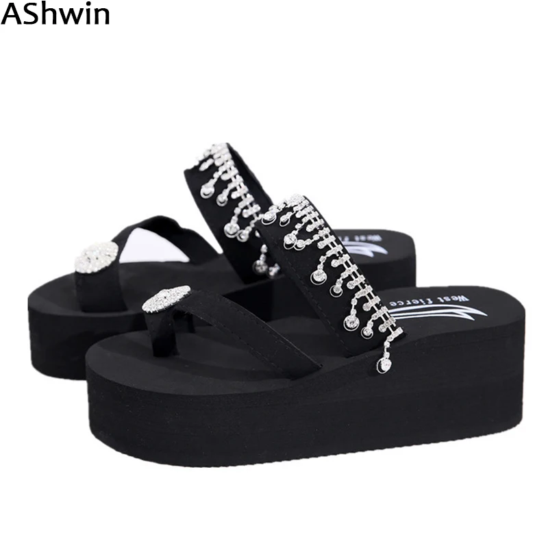 

AShwin wedge platform sandals women shoes high heels crystal rhinestones flip flops fashion slippers outdoor heels tassel thong