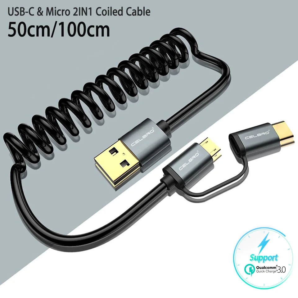 

2 In 1 Micro USB Type C Cable Retractable Car Charger Cable for Xiaomi Mi 9 Se A3 Redmi Note 8 K20 Pro 8A Spring Coiled Usb Cabo