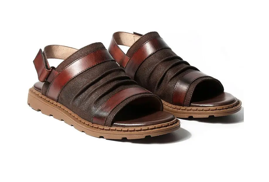 

Men's black Summer high shaft leather sandals comfortable genuine cow leather open toe Roman sandals old men beach shoes