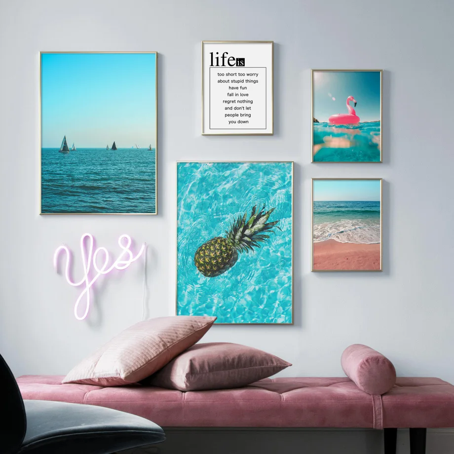 

Palm Tree Pink Beach Sea Pineapple Quotes Wall Art Canvas Painting Nordic Posters And Prints Wall Pictures For Living Room Decor