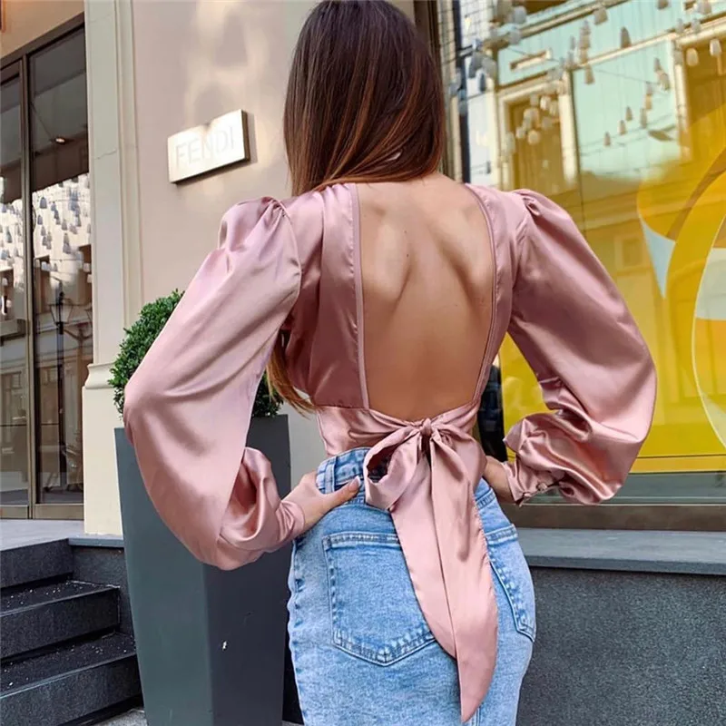 

FQLWL Backless Lace Up Satin Summer Blouse Women Crop Top Puff Sleeve Pink Bandage Blouse Female Shirt Casual Ladies Blouses