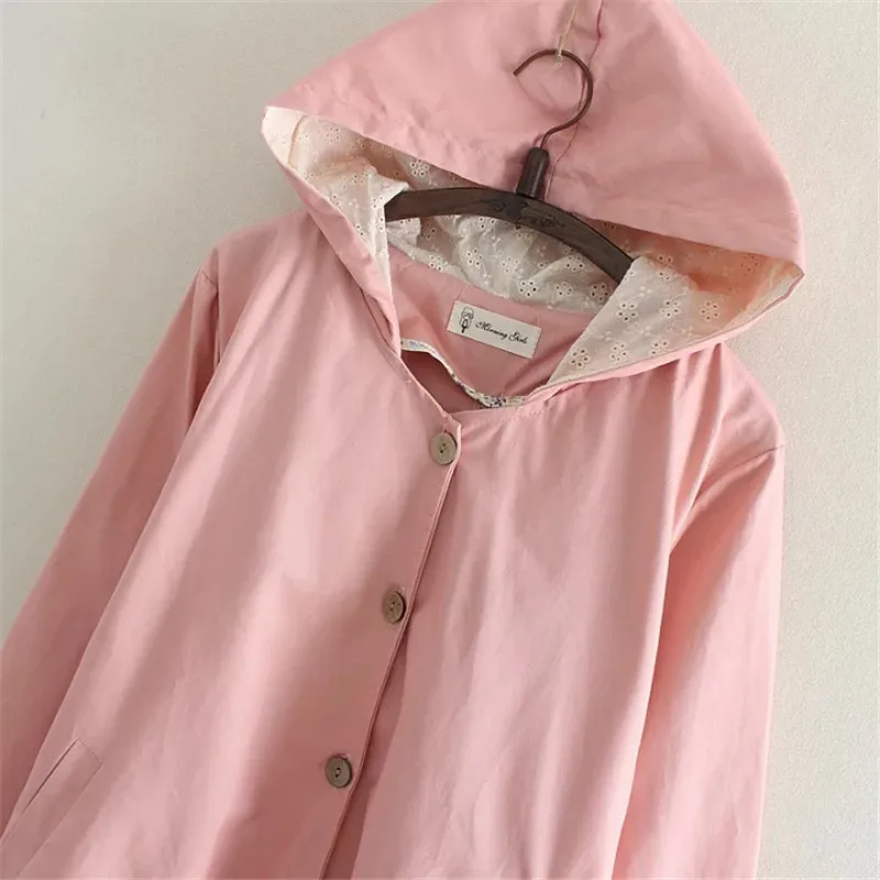 MERRY PRETTY 2017 Autumn Women Basic Jacket Pocket Button Hooded Heart Embroidery Cotton Outwear Loose Pink Coats Girls Jackets