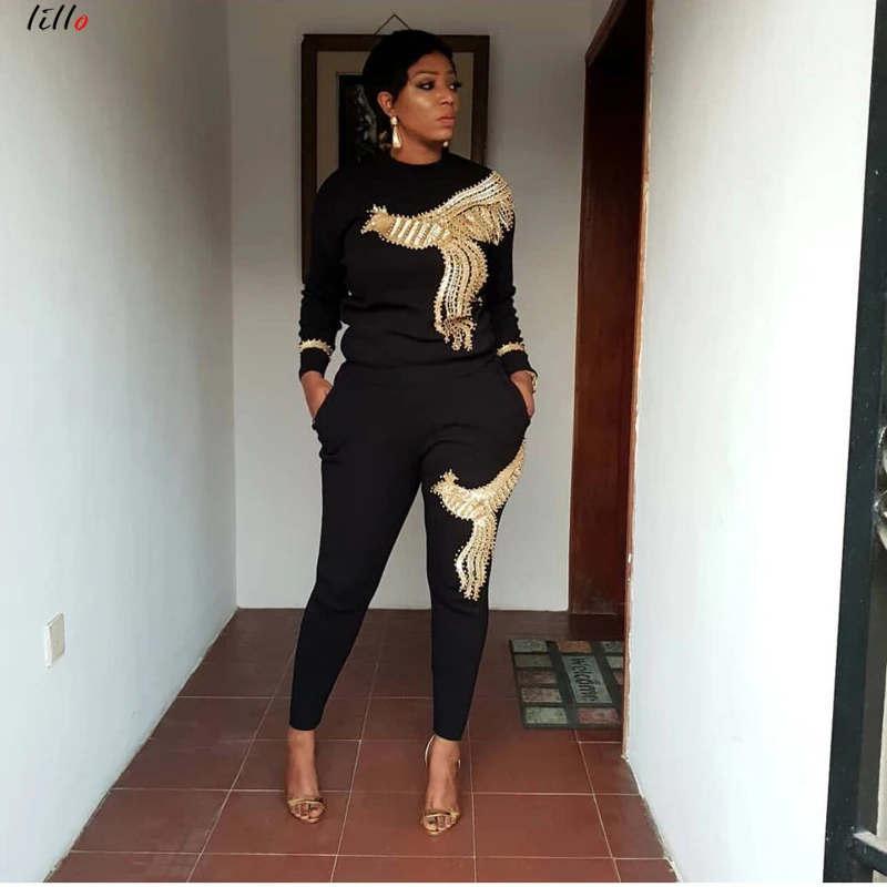 

2019 African women's high stretch suit double phoenix diamond style Office Lady Large size suit two-piece long-sleeved trouser